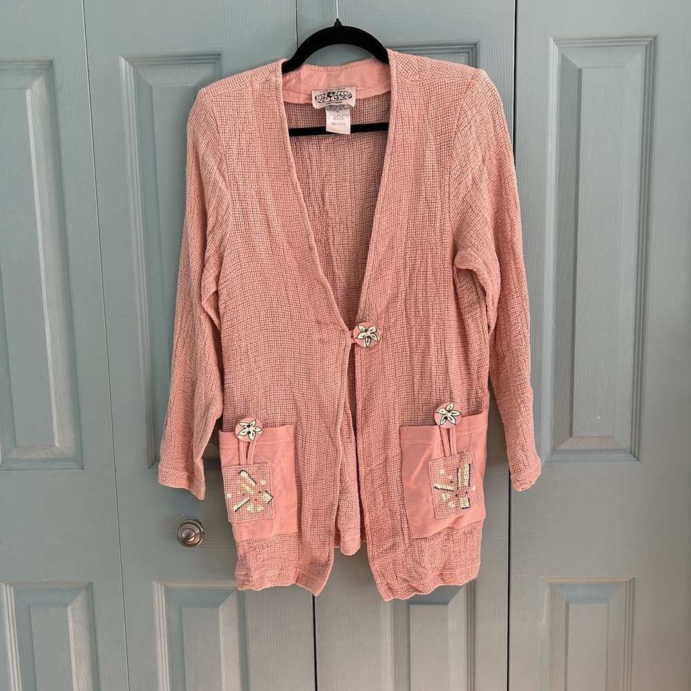 On The Rocks Pink Woven‎ Single Button Cardigan Medium Flower Cute Spring